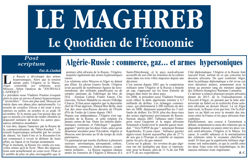 Algérie-Russie : commerce, gaz… et armes hypersoniques