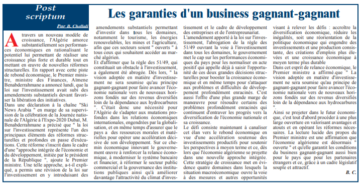 Algérie. Les garanties d’un business gagnant-gagnant